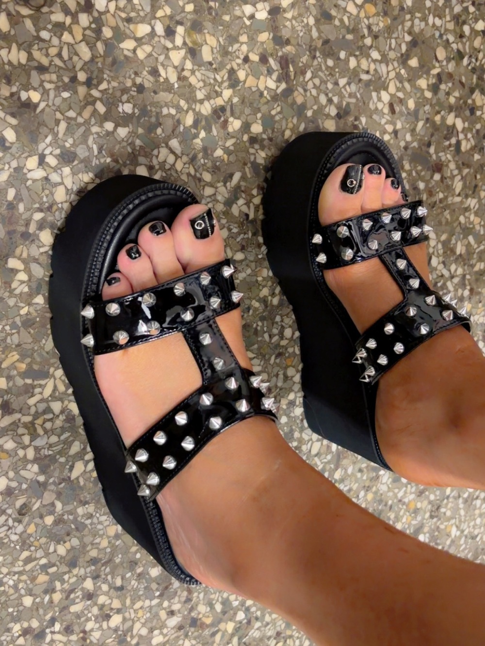Dolls Kill Black Patent Studded Platform Slide Sandals - Picture 5 of 6